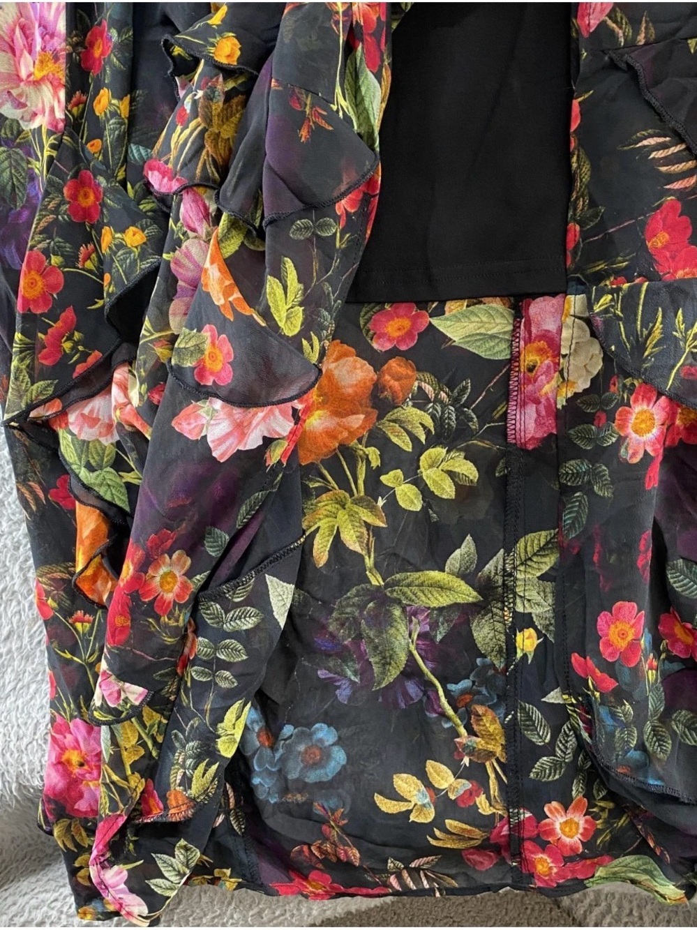 Floral Black Long Sleeve Ruffle Wrap Dress - Picture 9 of 13